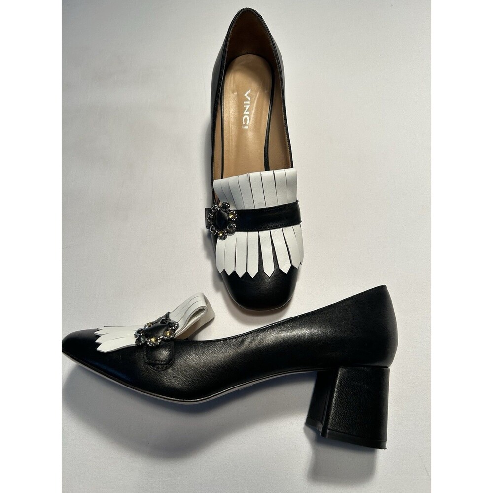 VINCI Women’s Black Leather Designer Heels Size 39 US 9 Kiltie Flower Detail